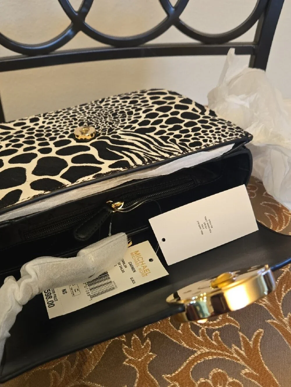 Michael Kors Black and White Animal Print Crossbody with Gold MK Emblem